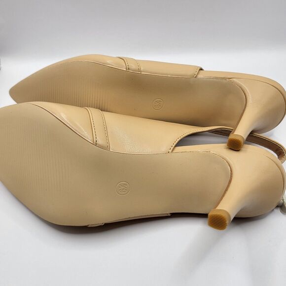 Womens Pumps Size 6.5 Tan Kitten Heels Pointed Toes Stiletto Sling Back Wedding - Picture 5 of 9
